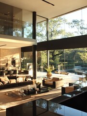 Fototapeta premium Sun-Drenched Elegance, Modern Living Room with Expansive Glass Views