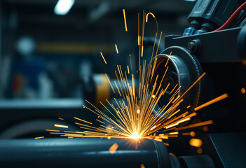 Sparks are erupting from the machine head used for metal processing, highlighting the intensity of the work in a busy industrial environment.