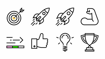 Vector Icon Set Featuring Achievement, Growth, Innovation, Strength, and Success Symbols for Marketing, Business, and Creative Projects - Download Now!
