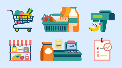 Shopping Cart Vector Icon Set for Grocery Store, Checkout, Fresh Produce, and Shopping List – Perfect for E-commerce and Retail Illustrations