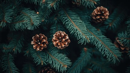 High-resolution photograph of a festive evergreen tree adorned with gold pine cones, set against a contrasting dark background to emphasize the holiday theme.
