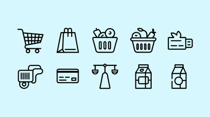 Shopping and Grocery Vector Icon Set for E-commerce, Cart, Payment, and Fresh Food - Minimalist Line Icons for Retail and Delivery Design