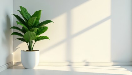 Sunlit corner, large potted plant, minimalist decor, natural, interior