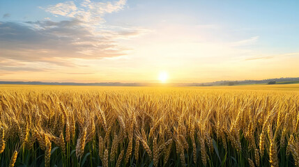 Naklejka premium Golden Wheat Field At Sunset With Cloudy Sky and City in Background Peaceful Countryside Landscape