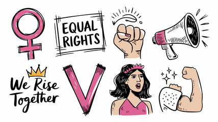 Vector Icon Set for Women's Empowerment, Equal Rights, Feminism Symbols, and Social Justice Graphics for Advocacy and Awareness Campaigns.
