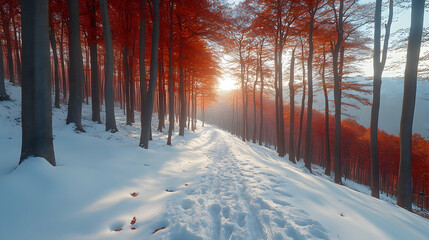 Winter sun path through red-leafed forest