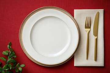 Minimalist dining setup with white plate gold cutlery beige napkin red background top down composition