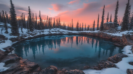 Obraz premium Winter Sunset Over Frozen Mountain Pond