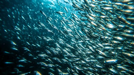 Massive school of fish, deep blue ocean