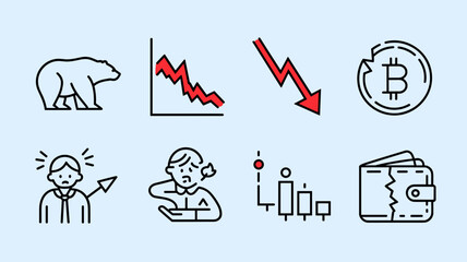Fototapeta premium Vector Icon Set for Finance, Cryptocurrency, Stock Market Trends, Bear and Bull Symbols, Trading Charts, and Personal Finance Illustrations