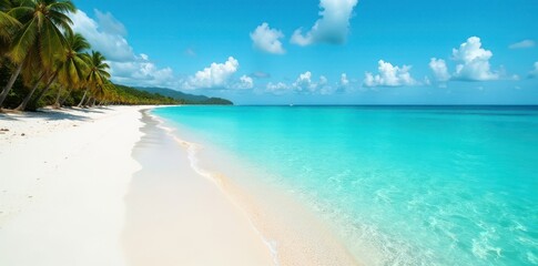 Fototapeta premium Tranquil turquoise water laps white sand shore, image, sun