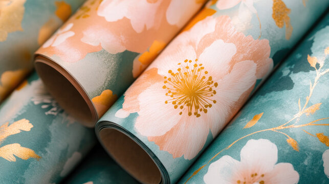 Close-up view of beautifully designed floral wrapping paper rolls featuring soft pastel colors and intricate patterns, ideal for gift wrapping and crafts