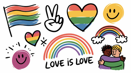 Fototapeta premium Rainbow Pride Vector Icon Set for LGBTQ+ Celebrations, Love is Love Symbols, Colorful Hearts, Smiley Faces, and Peace Signs for Social Media and Marketing