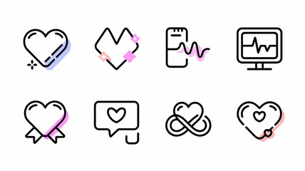 Heart Health Vector Icon Set for Wellness, Medical, and Fitness Projects - Heartbeat, Monitor, Love Symbols, and Emotional Wellness Graphics