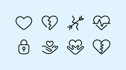 Heart and Love Vector Icons Set for UI Design, Healthcare, and Valentine's Projects - Editable Line Art Illustrations for Websites and Apps