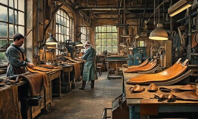 Two shoemakers working in a well-lit, antique workshop with leather and various equipment.