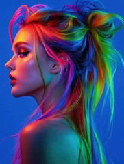 Naklejka premium This image captures the essence of modern pop culture, featuring a young, vibrant individual with rainbow hair and makeup that radiates an energy of positivity and creativity. The use of pastel hues