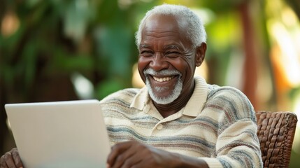 Obraz premium An elderly man is seen smiling, deeply engaged with his digital tablet or laptop screen. He appears relaxed and content, suggesting a sense of comfort and familiarity with technology.