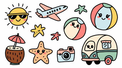 Vector Icon Set of Summer Vacation Elements: Sun, Airplane, Beach Ball, Coconut Drink, Starfish, Camera, and Retro Camper for Fun Designs
