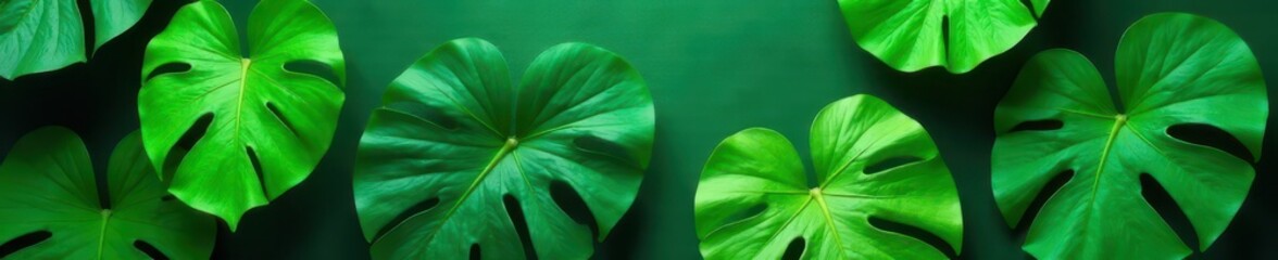 Vibrant green monstera leaves, textured background, indoor plant, macro