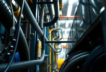 Detailed view of cables and piping systems integral to operations inside an industrial power plant, showcasing energy infrastructure design.