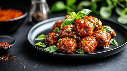 Delicious BBQ meatballs on black plate