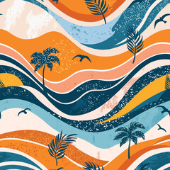 Bright tropical abstract design featuring waves and palm trees with a vibrant color palette