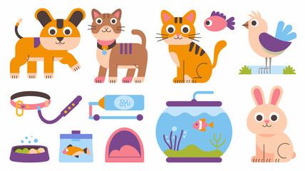 Pet Vector Icon Set: Cute Dogs, Cats, Fish, Birds, and Rabbits with Accessories for Animal Lovers and Pet Care Illustrations