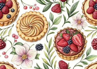 Panoramic Hand-Painted Tarts & Cookies Floral Backdrop AI Art