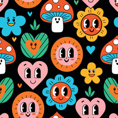 Colorful cartoon pattern featuring cheerful flowers, smiling hearts, and whimsical mushrooms on a dark background
