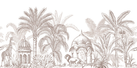 Toile tropical vintage botanical palm trees, banana tree, plants, lion, giraffe animal, pavilion seamless border white background. Graphic jungle mural.