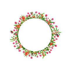Set of round frames with watercolor sea buckthorn berries and wild flowers, butterflies, dragonflies and bumblebees. Clip art, design element.