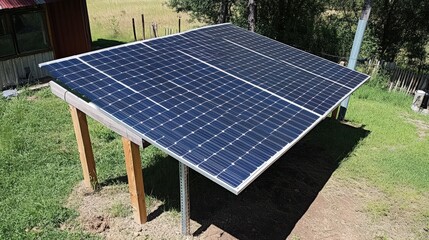 Solar panels installed on a wooden structure in a green field under clear blue skies