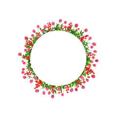 Watercolor round wreath on white background. Summer frame of wild flowers clover with bumblebees, butterflies and dragonflies. Perfect for postcard, poster, card, invitations, wedding, birthday.