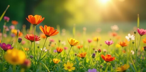 Naklejka premium Vibrant wildflowers bloom in sun-drenched meadow, vibrant, blossom