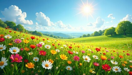 Vibrant wildflowers carpet sun-drenched meadow, panoramic spring view , season, wildflowers, beauty