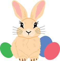 Adorable Easter Bunny holding a decorated egg, surrounded by spring flowers and festive elements. Perfect for holiday cards, decorations, and seasonal designs. Cute and cheerful illustration for Easte