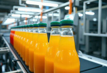 Beverage factory interior showcases a production line with various bottled drinks prepared for packaging and subsequent distribution to markets.