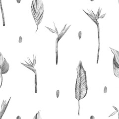 This artwork showcases intricate black and white sketches of various tropical plants and flowers arranged in a seamless pattern. The design is ideal for nature-themed decor