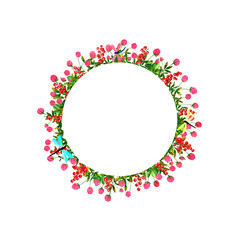 Clover flowers background. Set of round frames of watercolor clover flowers, dragonflies, butterflies, bumblebees and bees. Clip art, design element.