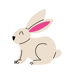 Simple illustration of a cute rabbit with pink ears sitting quietly on a white background