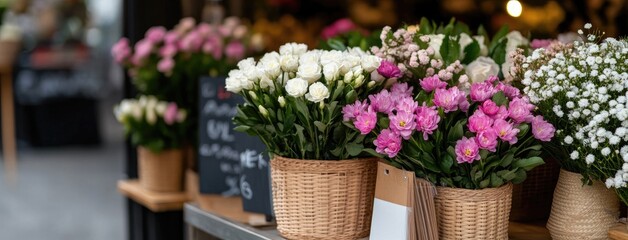 Fototapeta premium Baskets filled with vibrant spring flowers sit on a table at a flower shop, showcasing nature's beauty in a lively setting