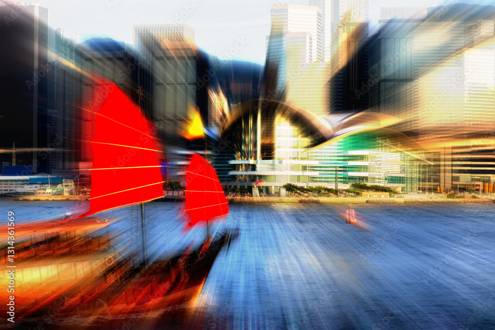 Poster hong kong harbor with radials blur and motion blur effect. a junk boat with red sails speeds across 