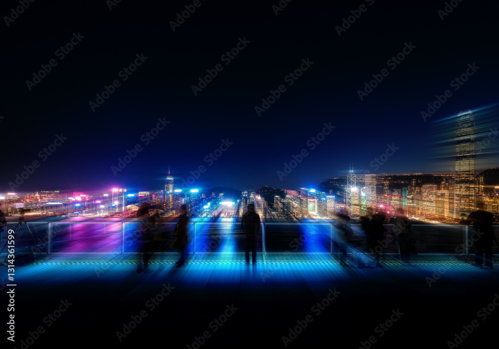 Poster a vibrant hong kong cityscape at night is captured with radials and motion blur effects, creating a 