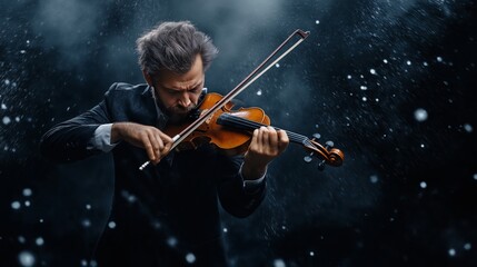 Fototapeta premium Violinist performing passionately in dramatic lighting with falling snow