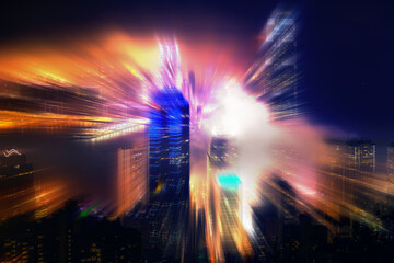 Hong Kong cityscape at night with a radials blur and motion blur effect, creating a dynamic and...
