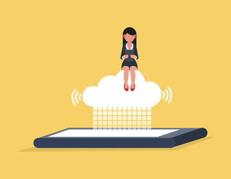 Cloud connection, Online data trasfer abstract concept. Businesswoman Sitting On Cloud
