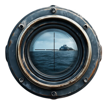 Submarine periscope reveals distant ship with crosshairs in the ocean view isolated on a white or transparent background 