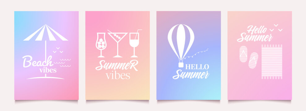 Abstract  gradient summer backgrounds with icons of mood. Banner templates in soft pastel colors. Lettring and design elements. Vector illustration.