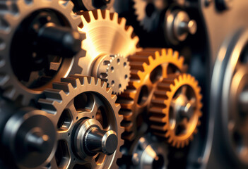 Close-up of intricate gears and cogs working together in a mechanical gearbox, highlighting the precision of engineering and design.